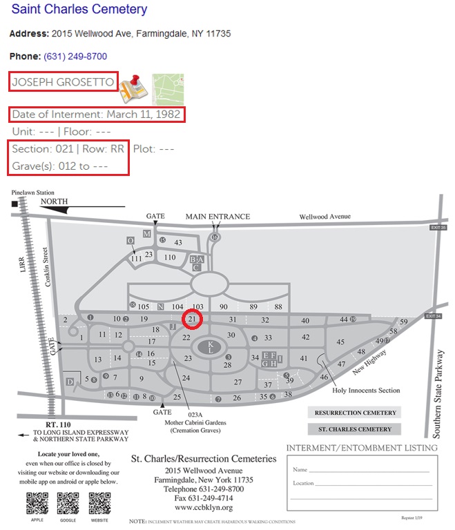 Joseph Grosetto Cemetery Record