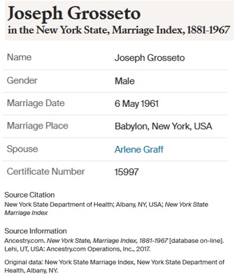 Joseph P. Grosseto and Arlene Graff Marriage Index