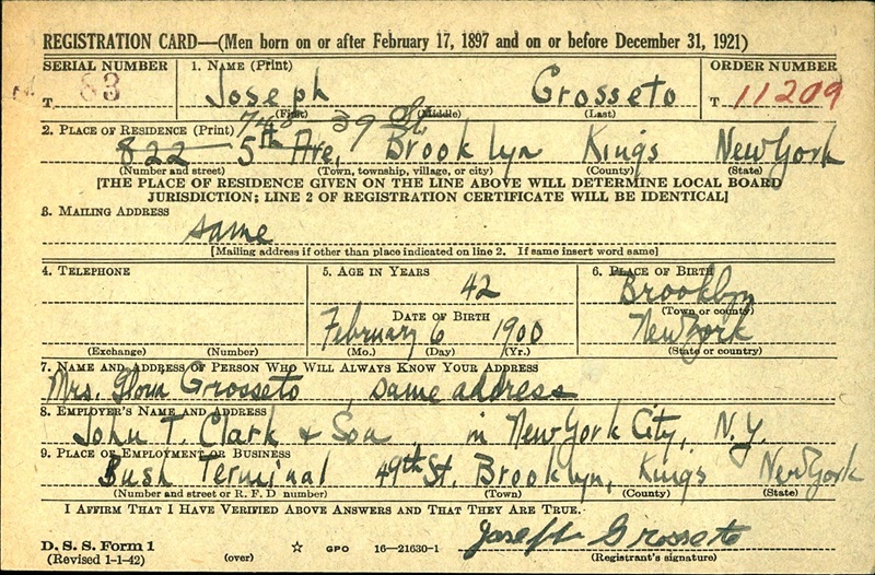 Joseph Grosetto WW2 Draft Registration