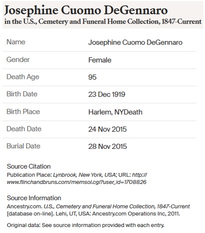 Josephine Tenore Cuomo DeGennaro Death Record