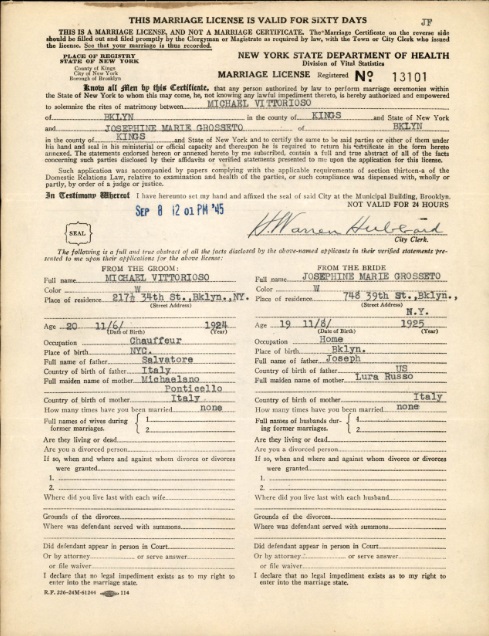 Josephine Grosseto and Michael Vittorioso Marriage Record