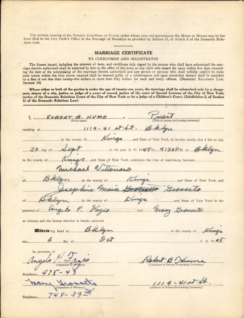 Josephine Grosseto and Michael Vittorioso Marriage Record