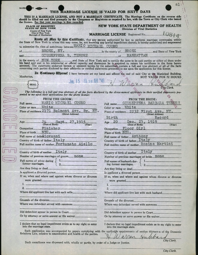 Josephine Tenore and Mario Cuomo Marriage Record