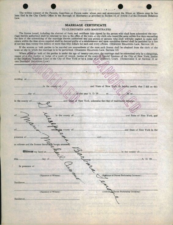 Josephine Tenore and Mario Cuomo Marriage Record