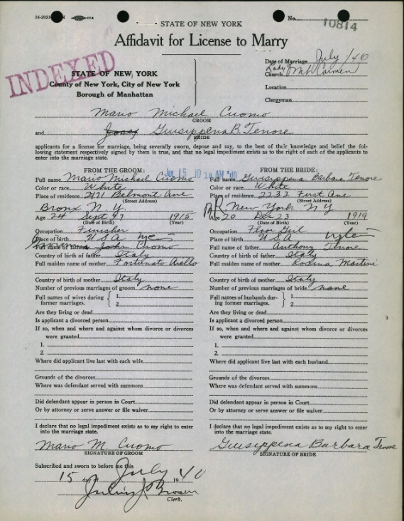 Josephine Tenore and Mario Cuomo Marriage Record