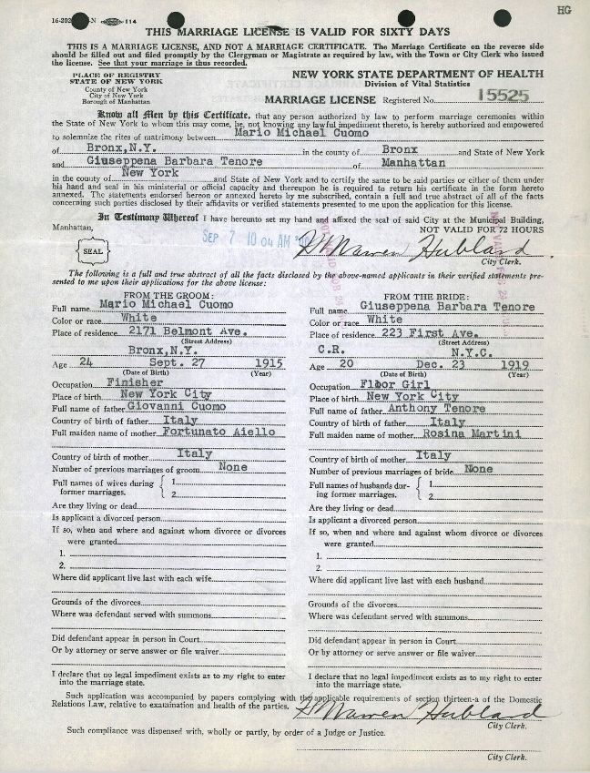 Josephine Tenore and Mario Cuomo Marriage Record