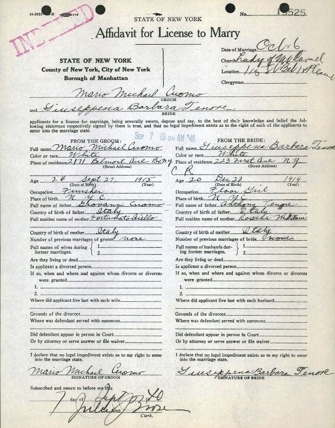 Josephine Tenore and Mario Cuomo Marriage Record