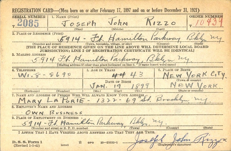 Joseph John Rizzo WW2 Draft Registration