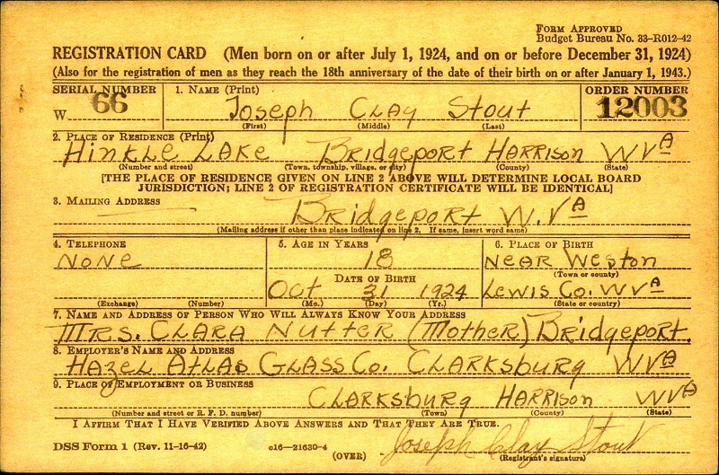 Joseph Clay Stout WW2 Draft Registration