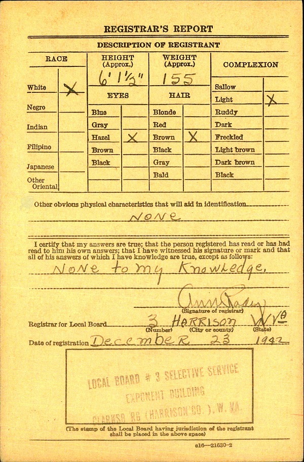 Joseph Clay Stout WW2 Draft Registration