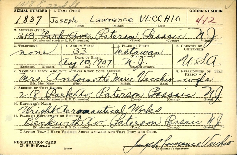 Joseph Vecchio WW2 Draft Registration