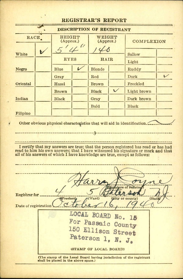 Joseph Vecchio WW2 Draft Registration