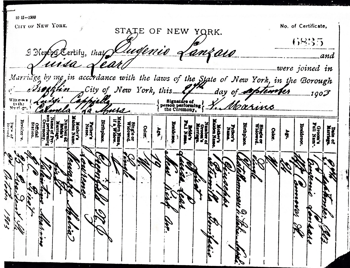 Ciro Lanzaro and Louisa Leier Marriage Certificate