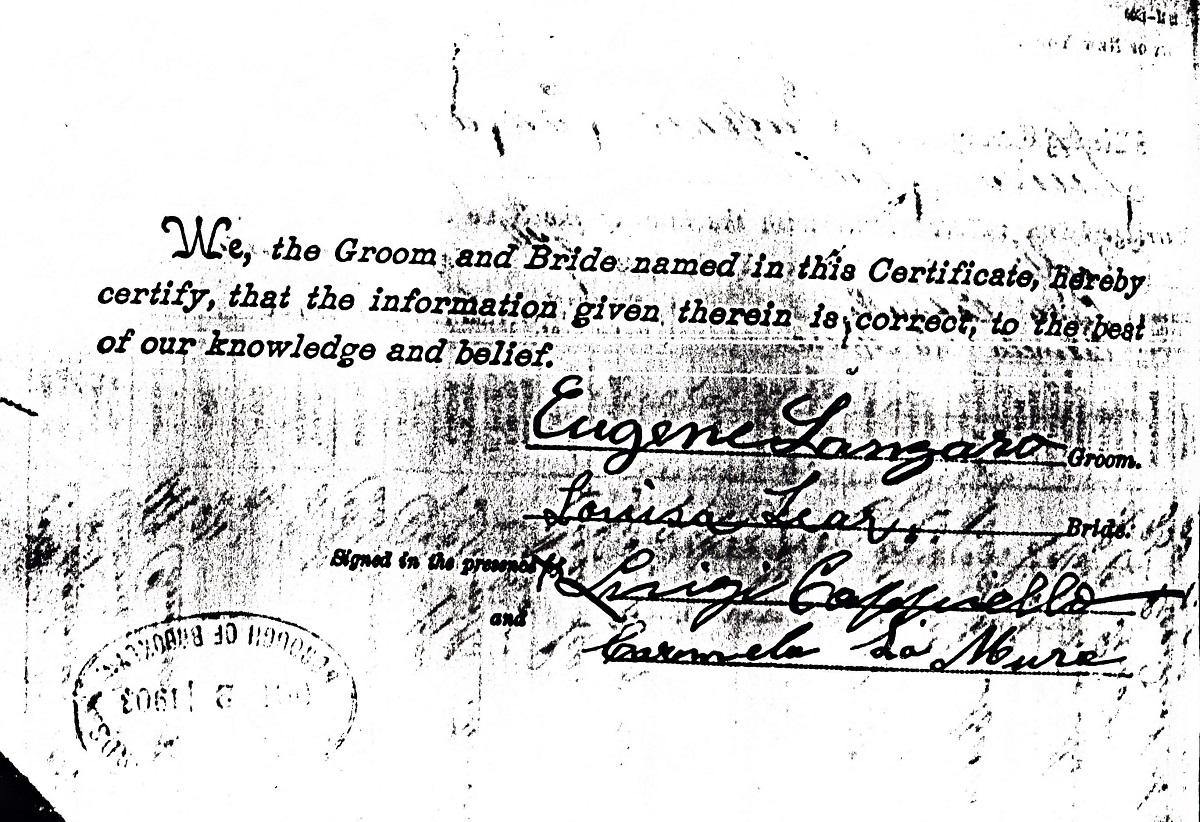 Ciro Lanzaro and Louisa Leier Marriage Certificate