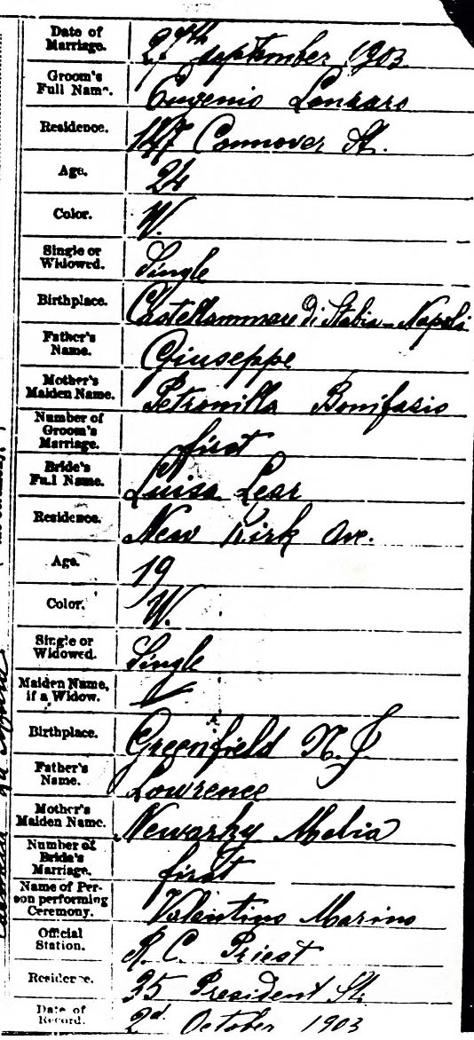 Ciro Lanzaro and Louisa Leier Marriage Certificate