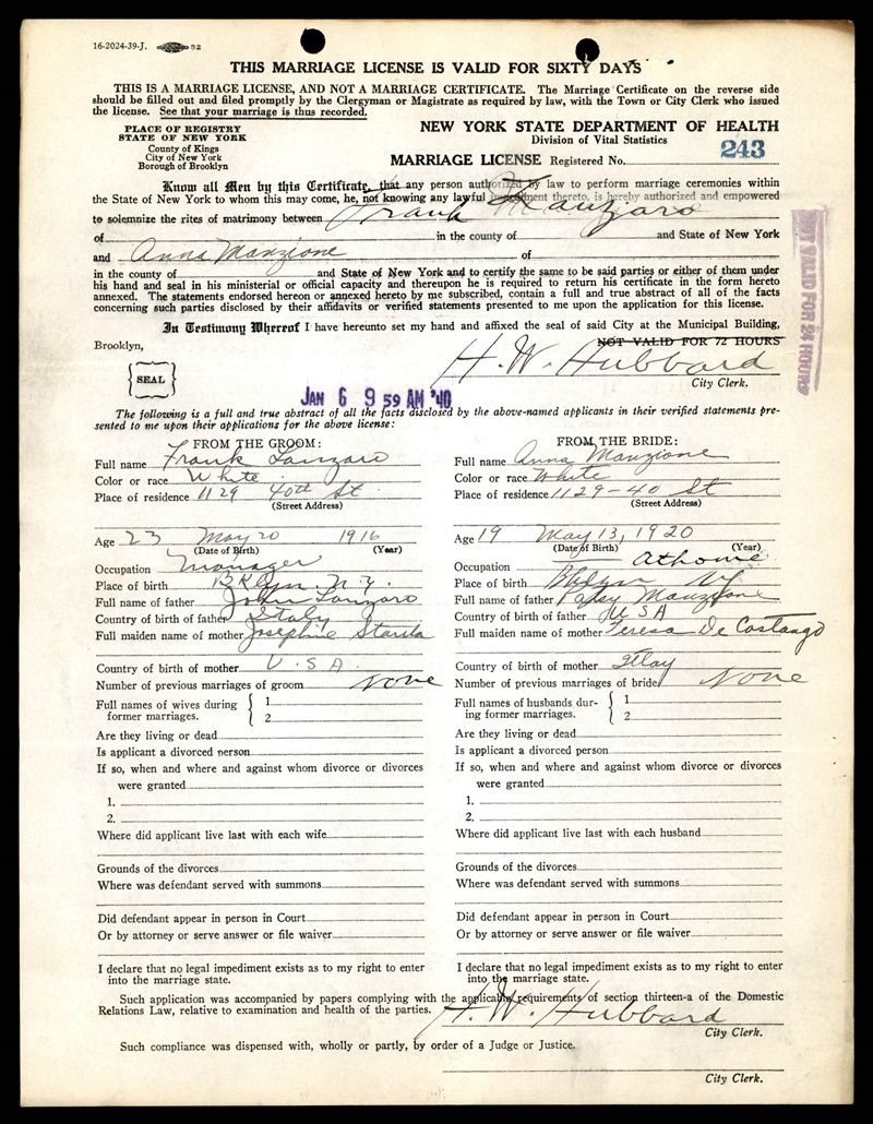 Frank Lanzaro and Anna Manzione Marriage Certificate