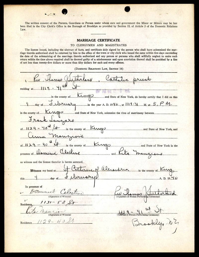 Frank Lanzaro and Anna Manzione Marriage Certificate