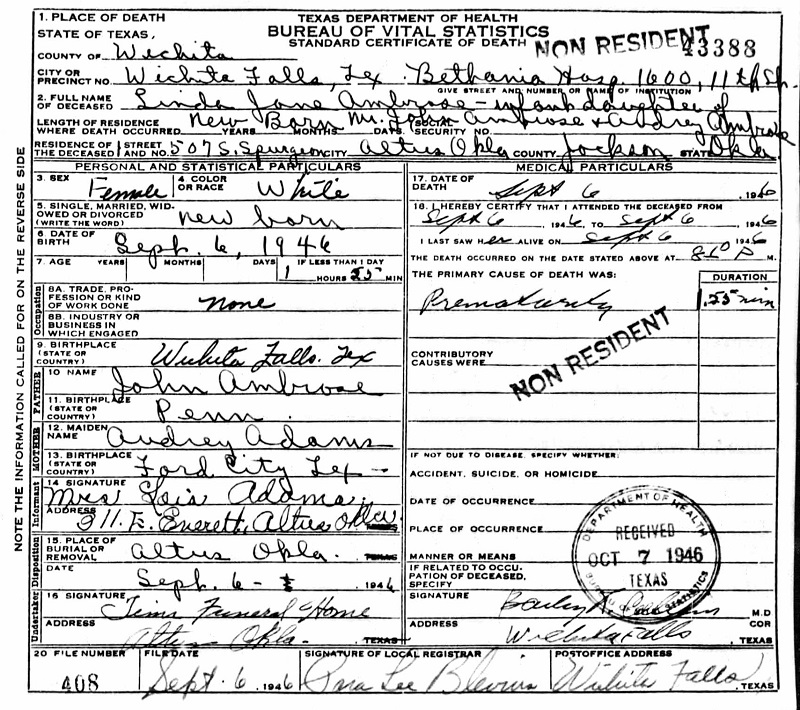 Linda Jane Ambrose Death Certificate