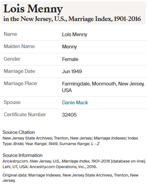 Lois Menny and Danny Mack Marriage Record