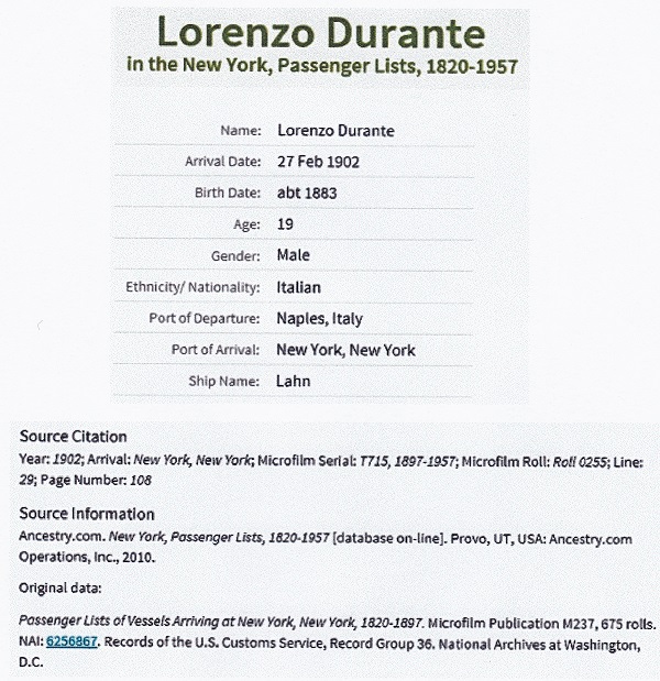 Lorenzo Durante, Sr. Immigration Passenger List