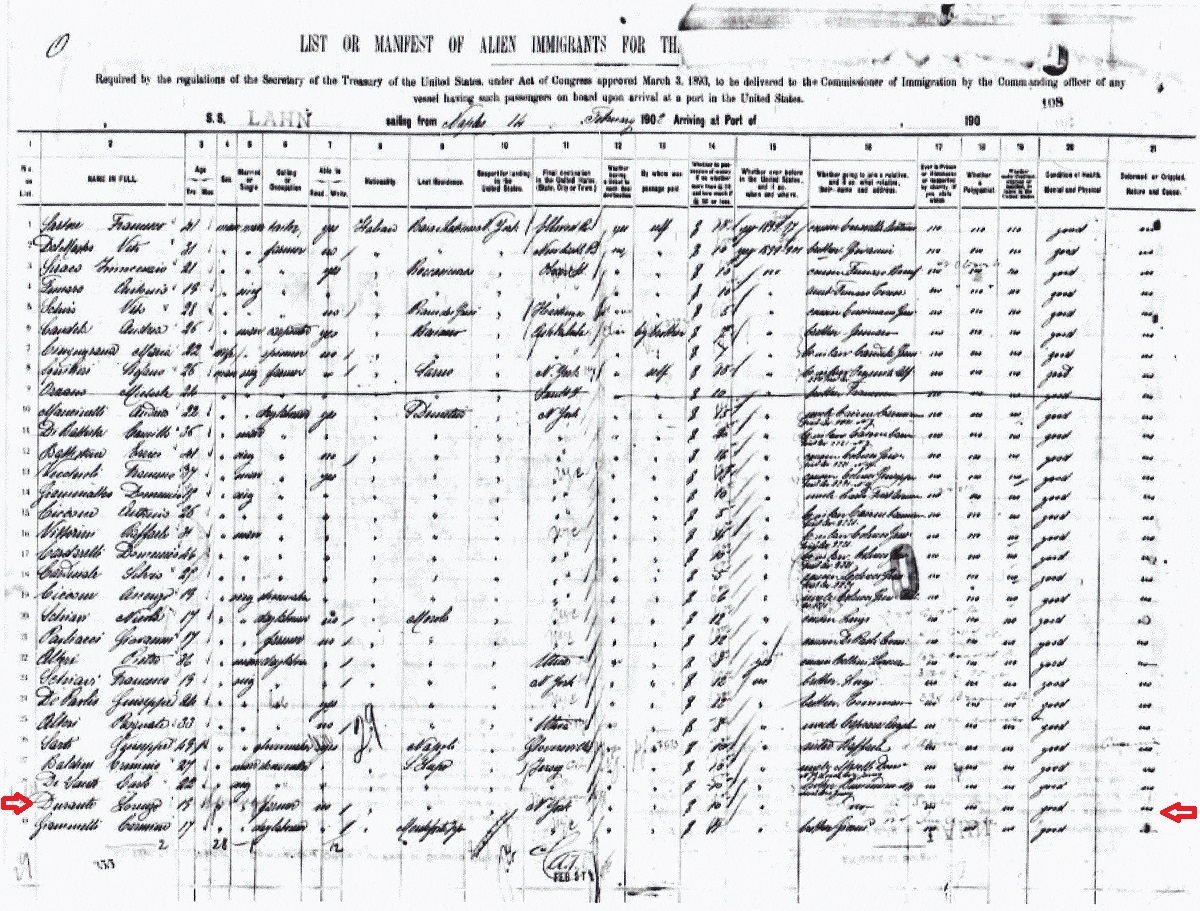 Lorenzo Durante, Sr. Immigration Passenger List