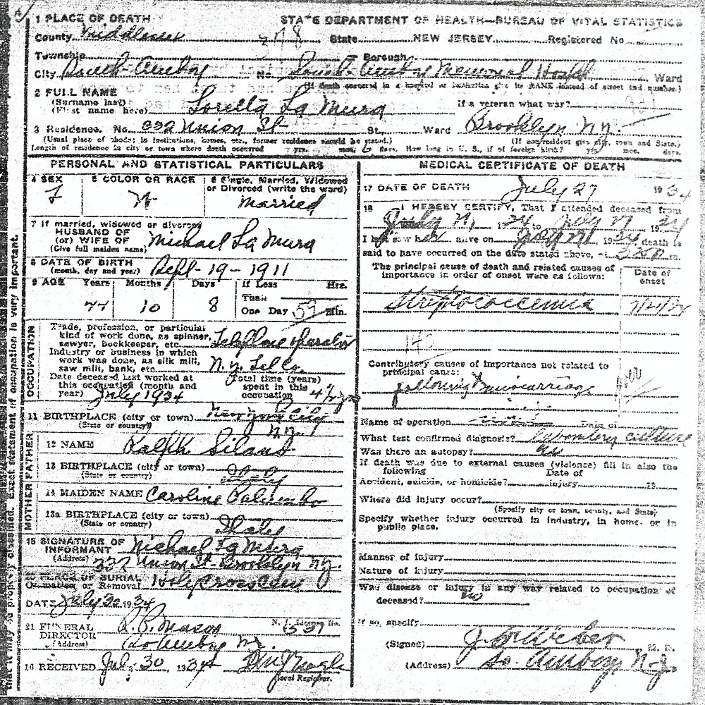 Loretta Silano LaMura Death Certificate