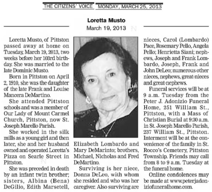 Loretta DeMartino Musto Obituary