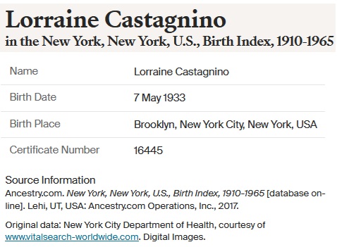 Lorraine Marie Castagnino Birth Index