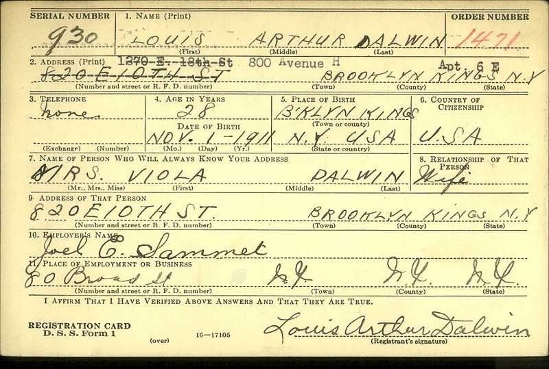 Louis A. Dalwin WW2 Draft Registration