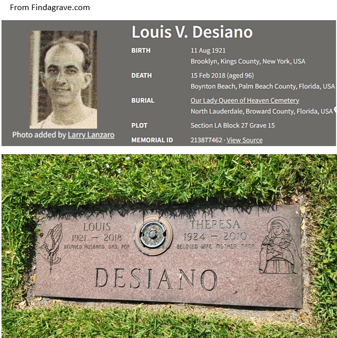 Louis V. Desiano Cemetery Record