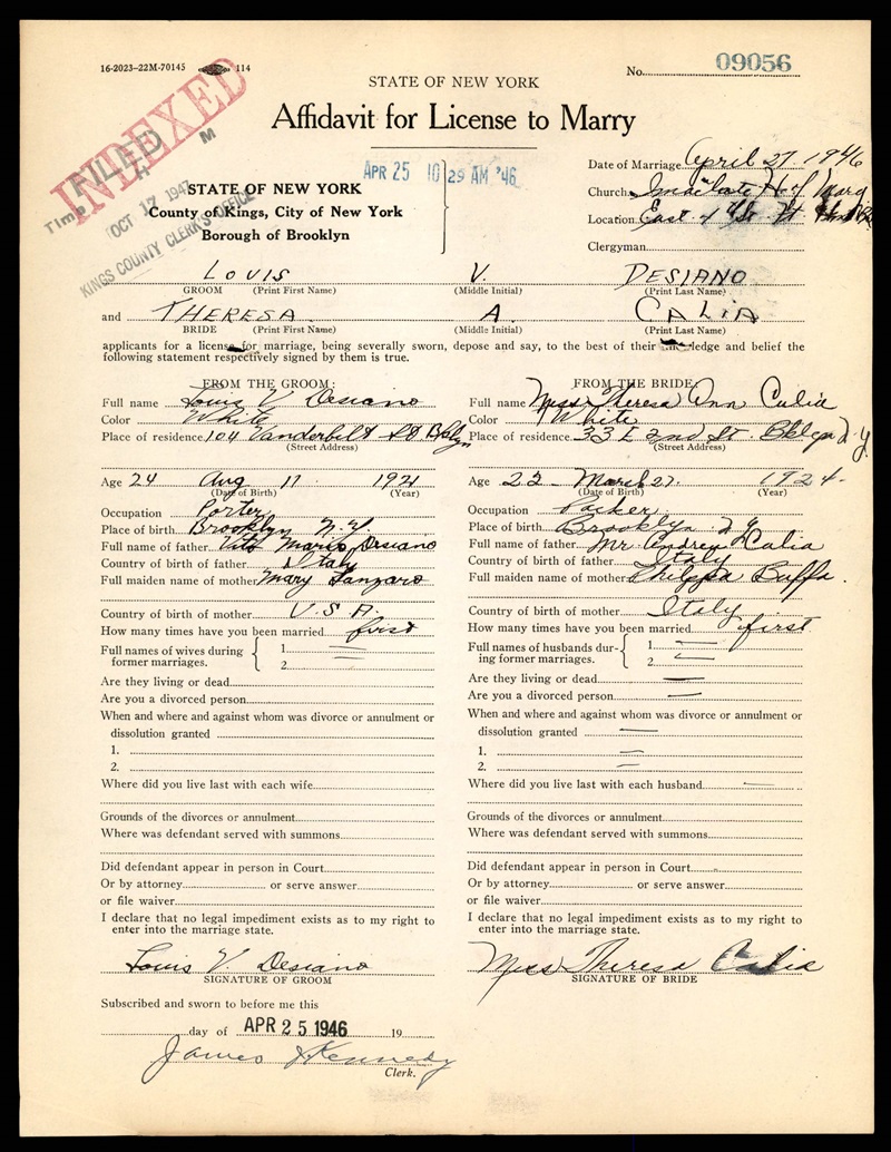 Louis Desiano and Theresa Calia Marriage Certificate