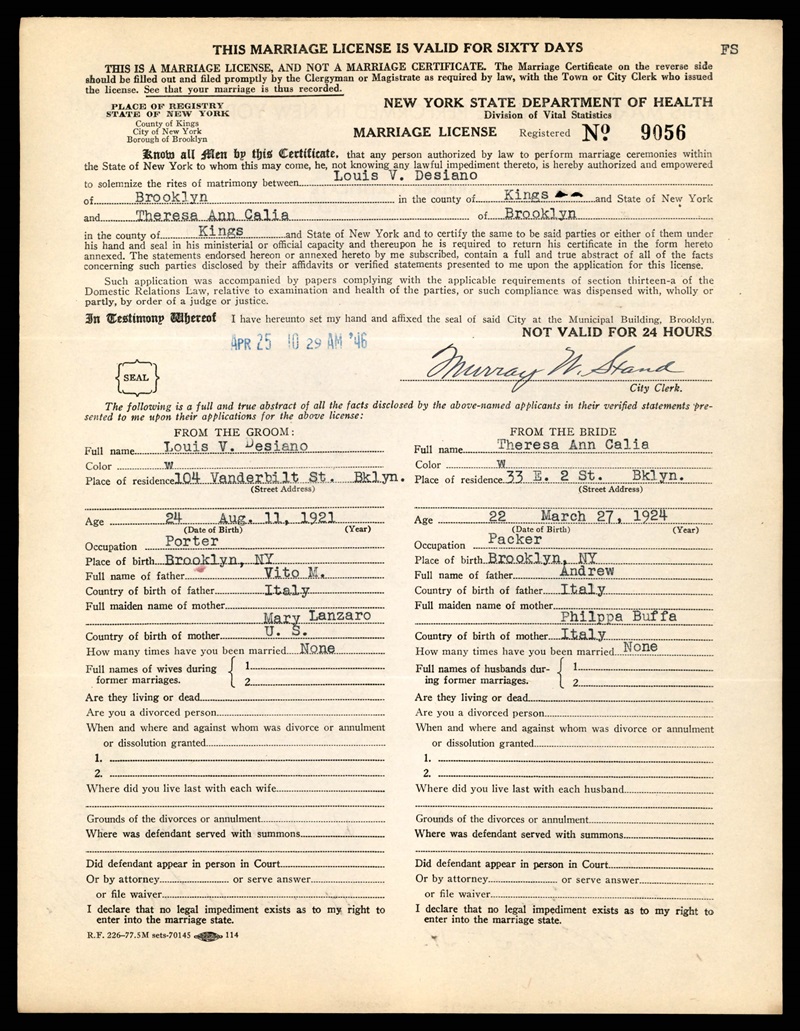 Louis Desiano and Theresa Calia Marriage Certificate