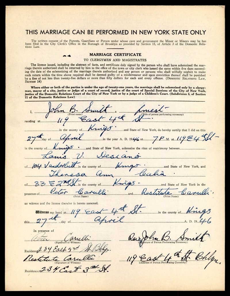 Louis Desiano and Theresa Calia Marriage Certificate