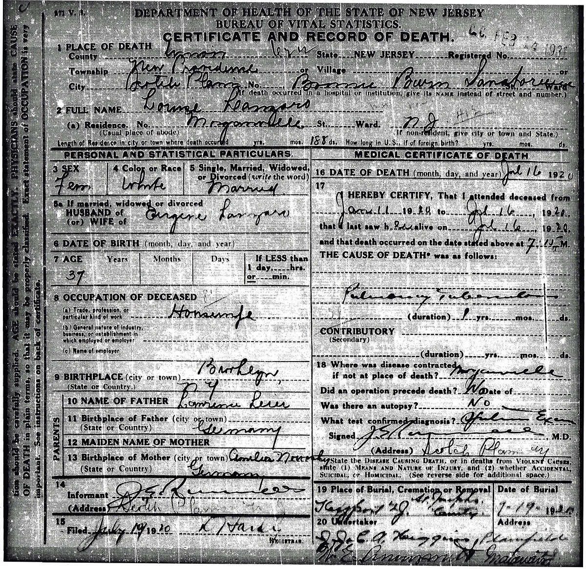 Louisa Lanzaro Death Certificate