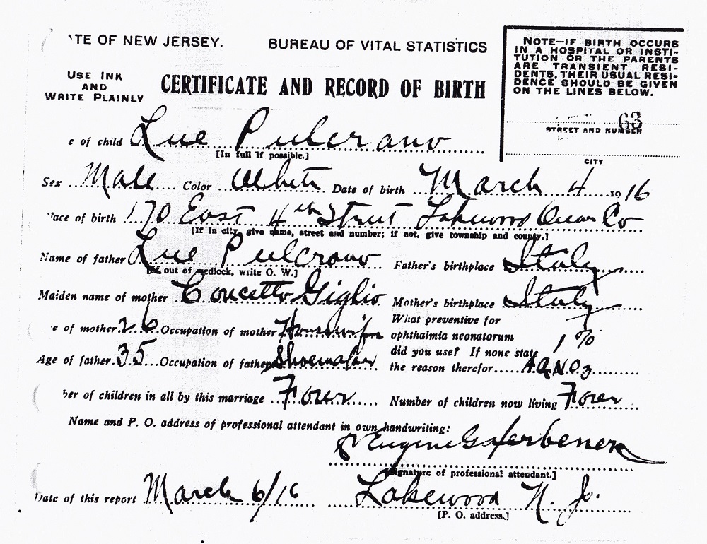 Louis C. Pulcrano Birth Certificate