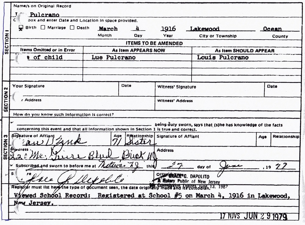 Louis C. Pulcrano Birth Certificate