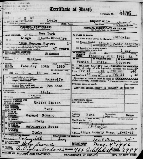 Lucia Volomino Capoziello Death Certificate