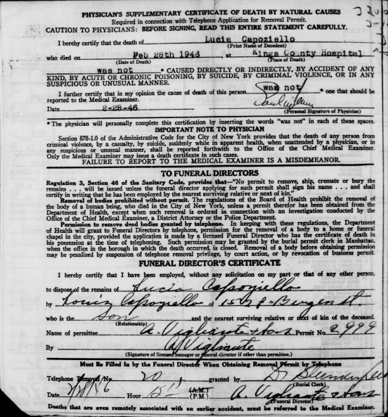 Lucia Volomino Capoziello Death Certificate