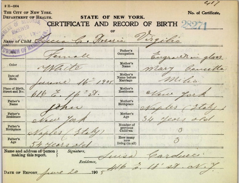 Lucy Virgilio Birth Certificate