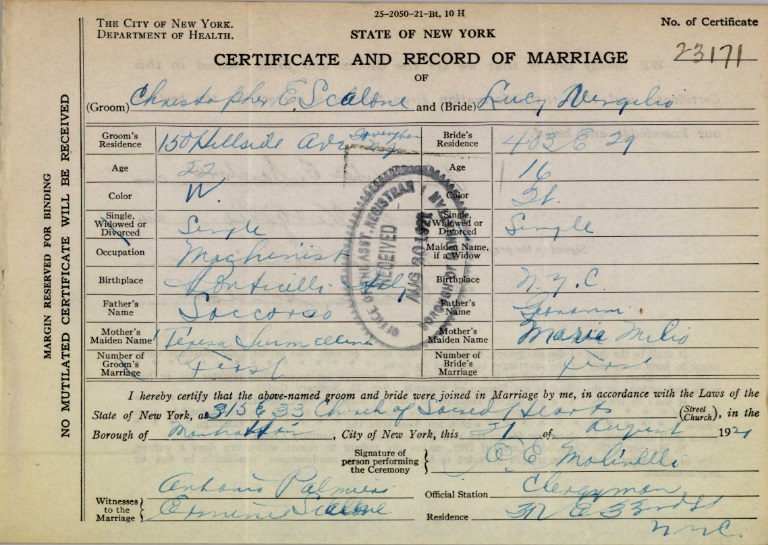 Christopher Scalone and Lucy Virgilio Marriage Record