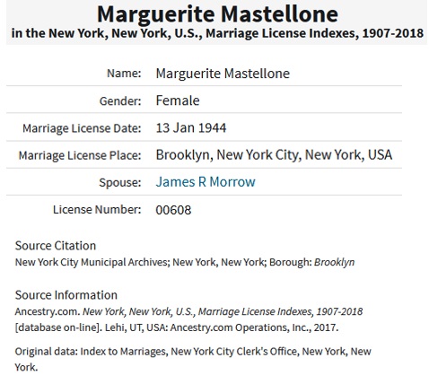 Marguerite Mastellone and James Morrow Marriage Record