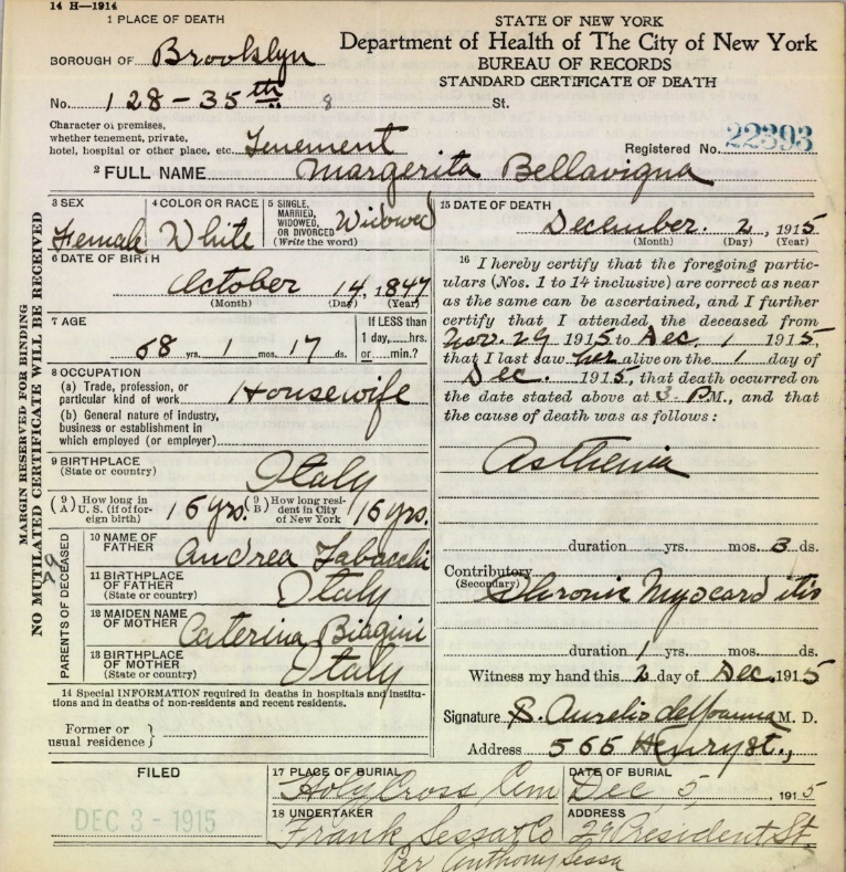 Margherita Bellavigna Death Certificate