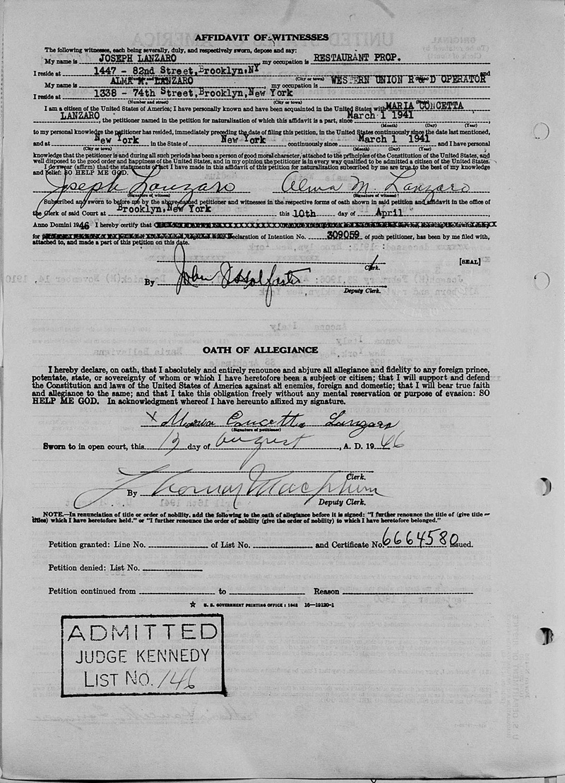 Maria Bellavigna Lanzaro Naturalization Record