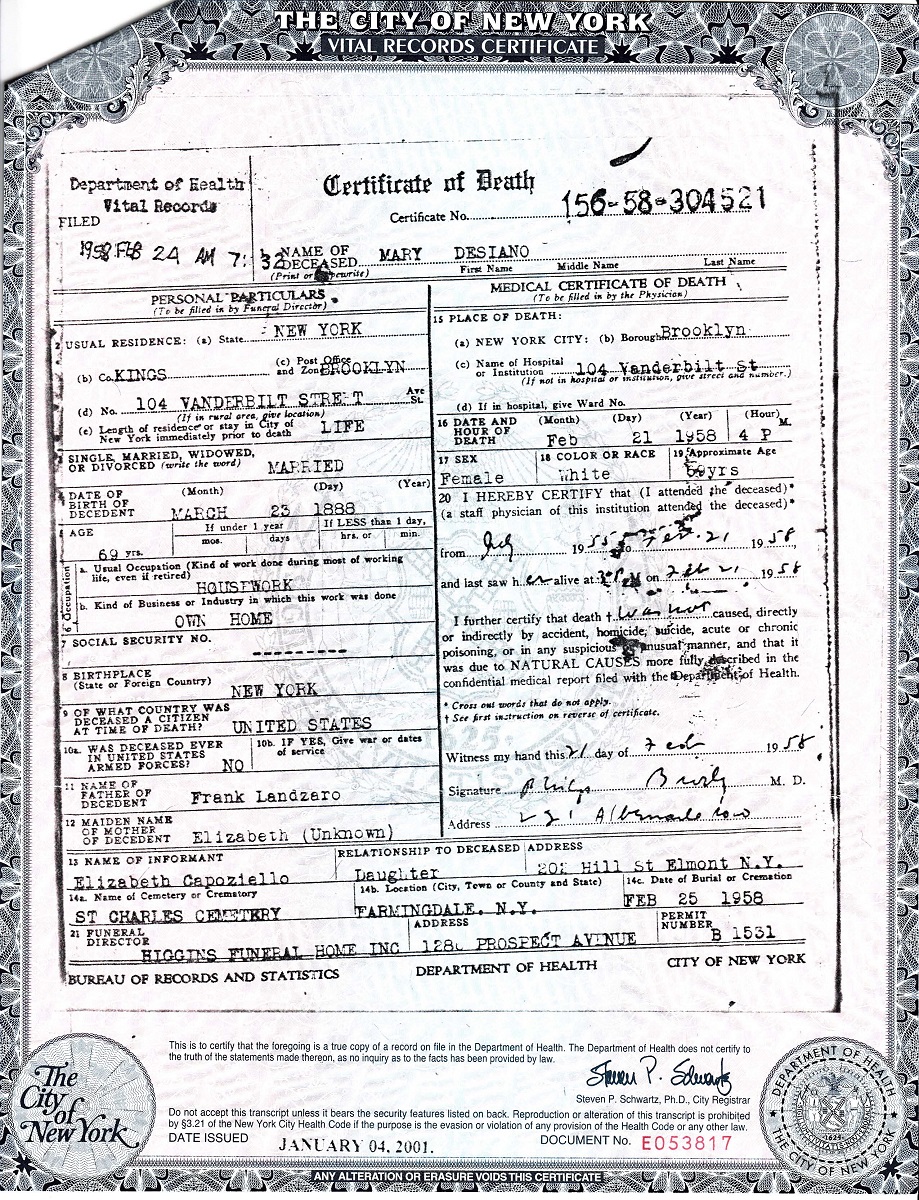 Mary Lanzaro Death Certificate