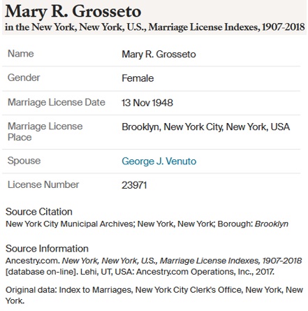 Mary Grosseto and George Venuto Marriage Record