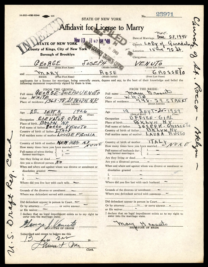 Mary Grosseto and George Venuto Marriage Record