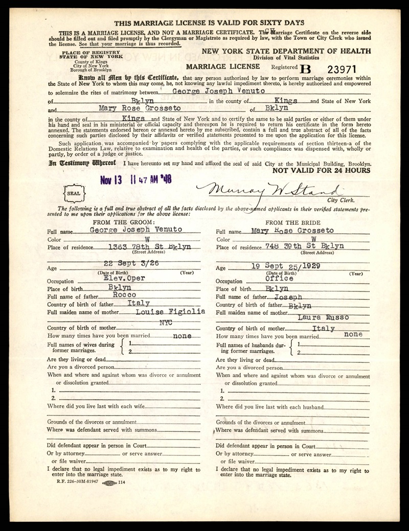 Mary Grosseto and George Venuto Marriage Record