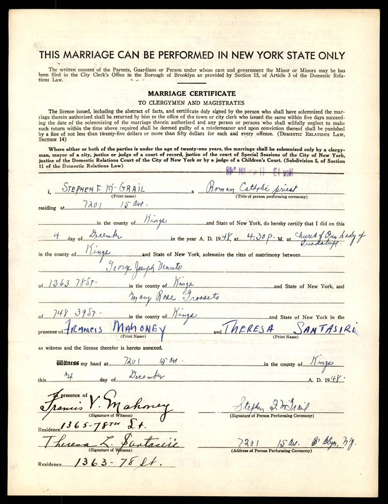 Mary Grosseto and George Venuto Marriage Record