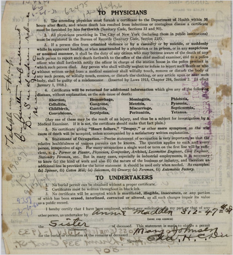 Mae McPartland Death Certificate