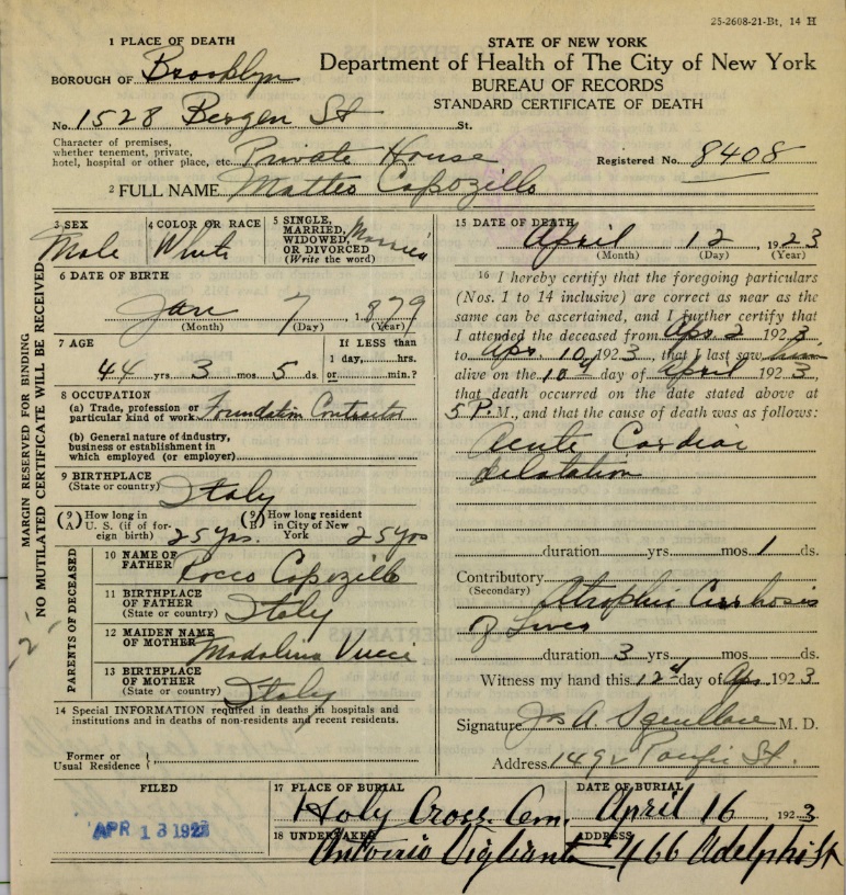 Matteo Capoziello Death Certificate